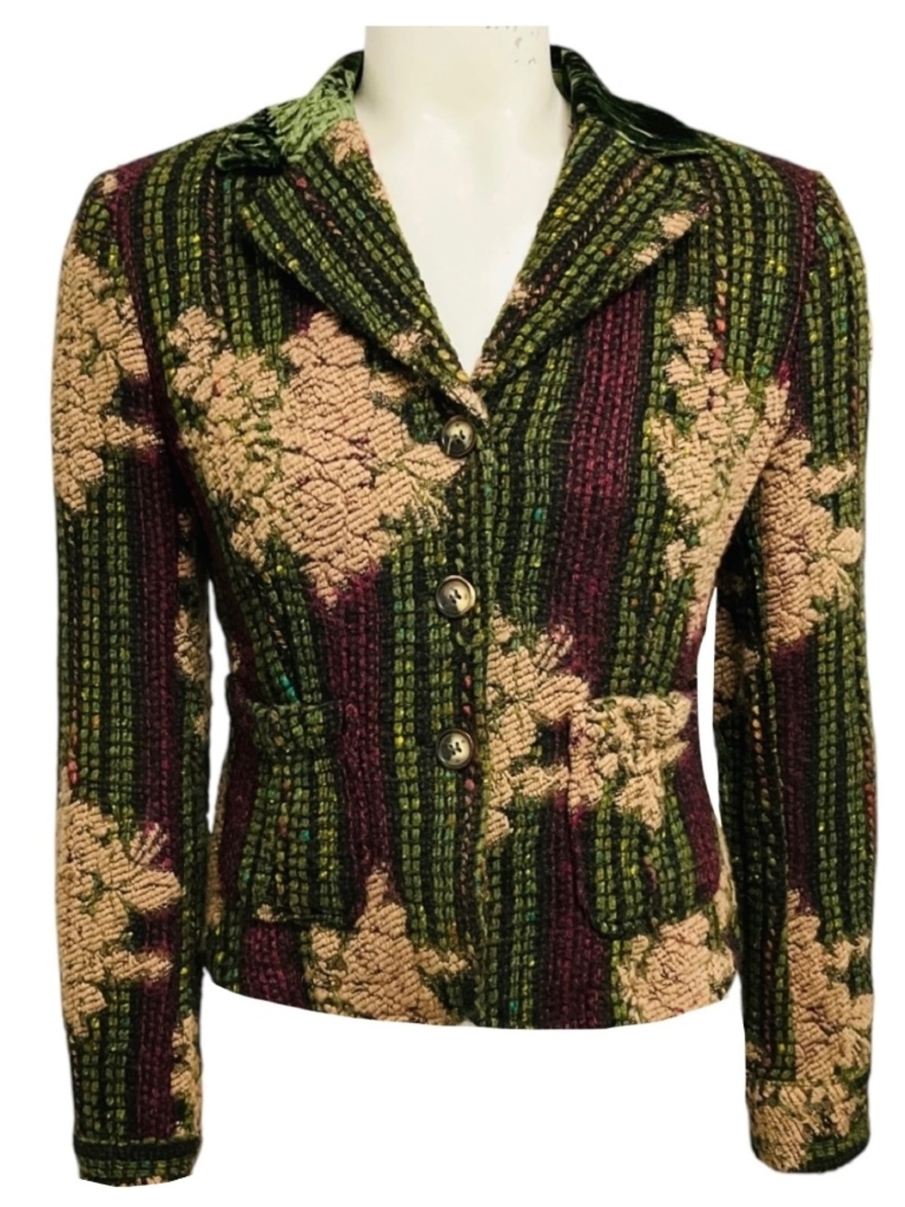 Etro Beige / Olive Green / Purple Multi Embroidered Tweed Jacket